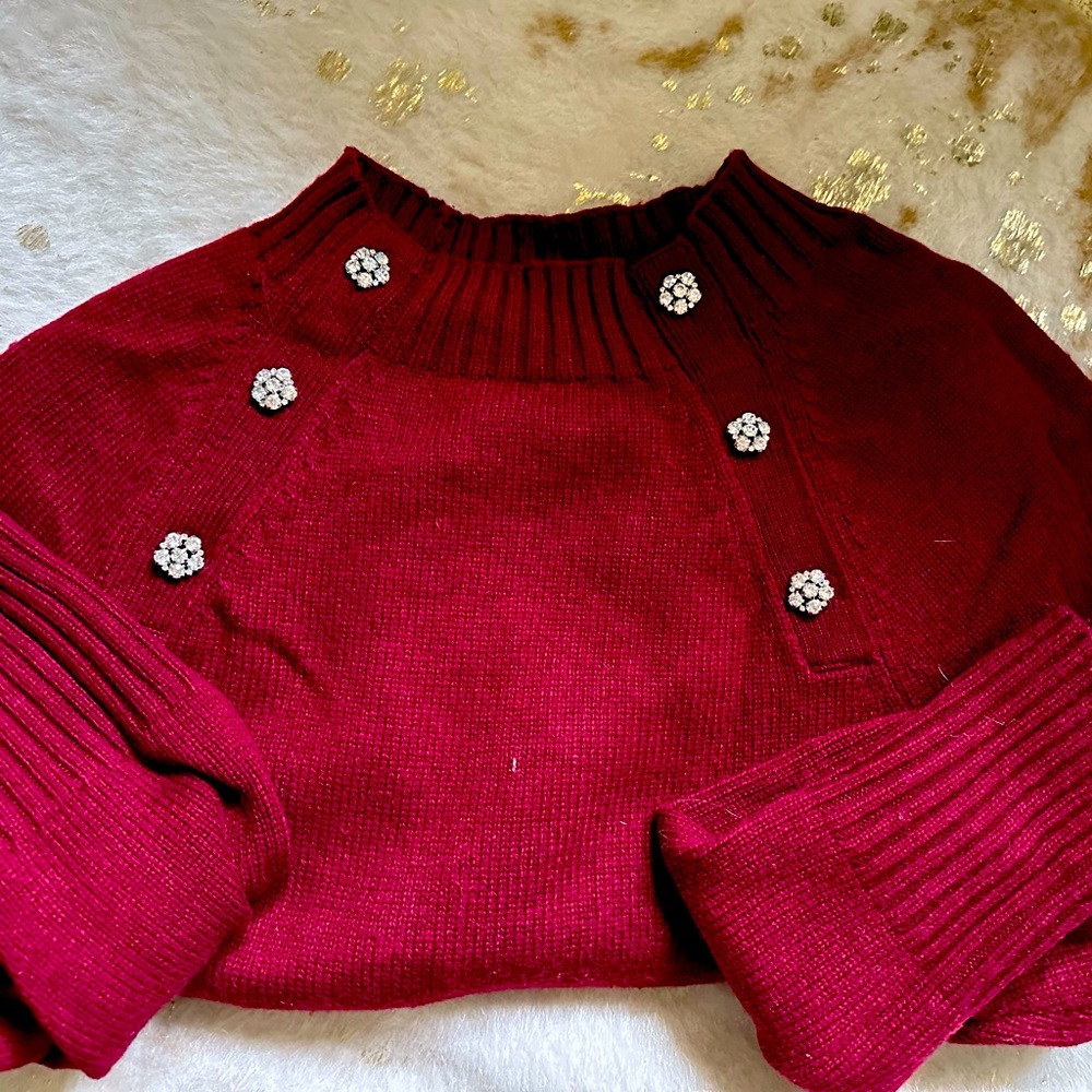 J.Crew sweater, burgundy, rhinestone sailor buttons, long sleeve, worn once!